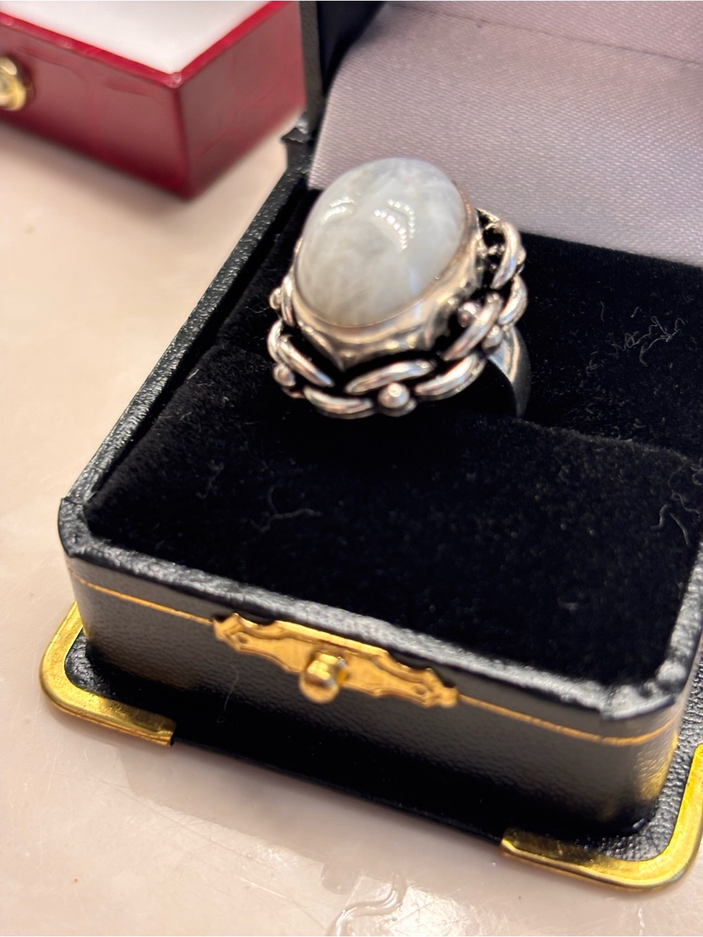 Sterling Silver Ring with Gray Moonstone Cabochon size 6